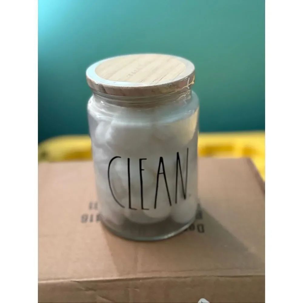 Rae Dunn CLEAN Glass Jar Cotton Ball Holder Container